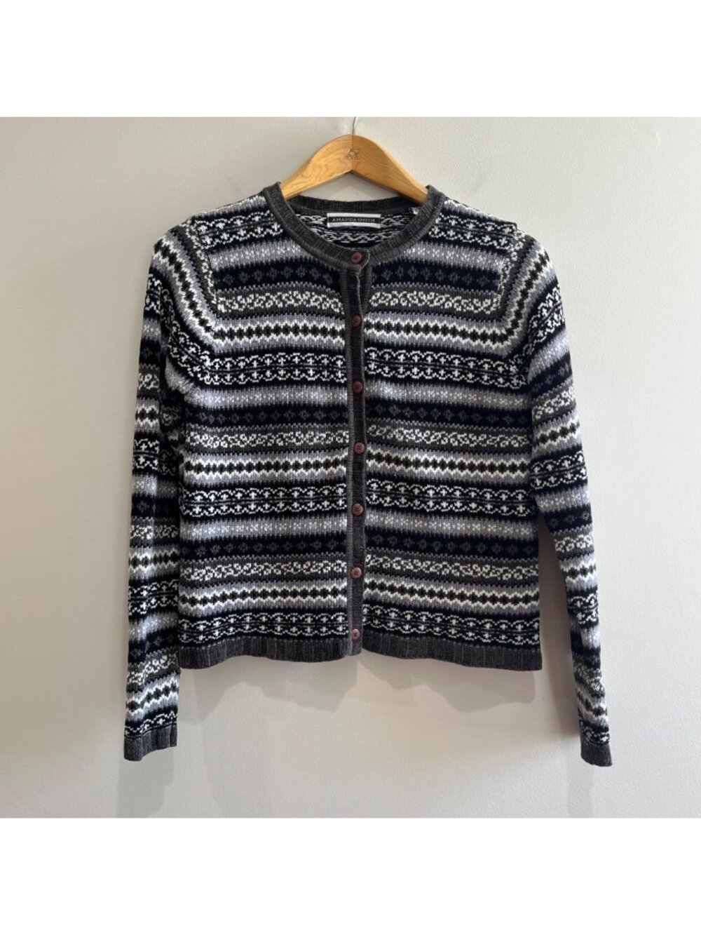 Amanda Smith Fair Isle Cardigan Sweater Womens S Black Gray Nordic 90s Button Up